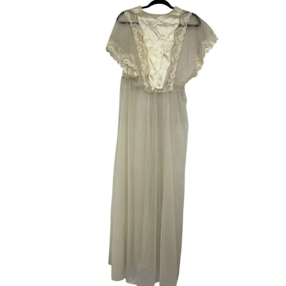 Vintage Val Mode Womens Nightgown Long M Medium Ivory Nylon Lace Trimmed Bridal